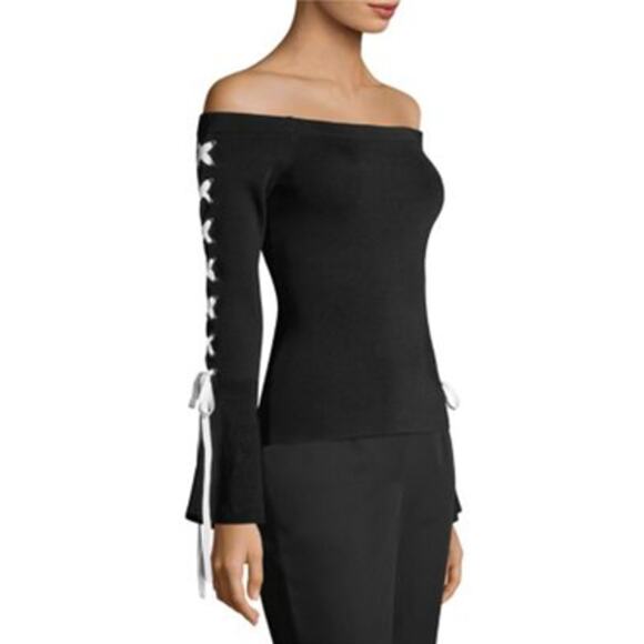 Scripted Off-The-Shoulder Contrast Lace-Up Bell Sleeve Sweater Size Small - Picture 1 of 9
